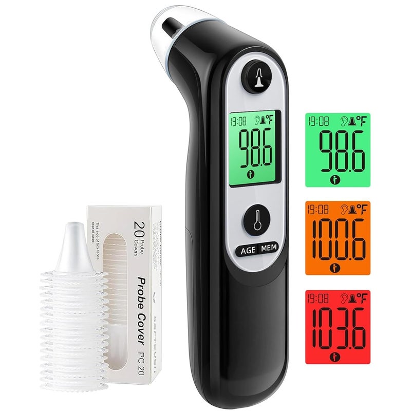 Viproud Ear Thermometer for Kids, Babies and Adults, 1 Second Accurate Digital Thermometer, Mute Function, 3-Color Fever Alert, 3 Age Groups, 30 Memory Recall with 20x Probe Covers (Dark Black) - Image 1